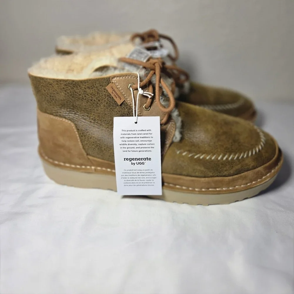 UGG Regenerate Neumel Sand Olive Brown Leather Shearling Chukka Boots Mens 14